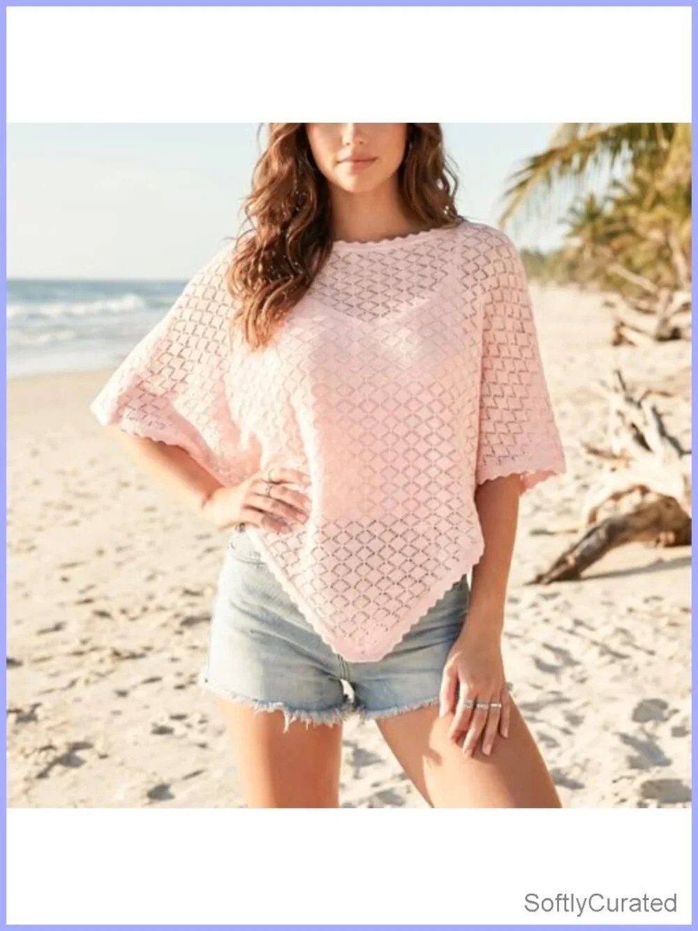 Crochet Batwing Sleeve Scalloped Trim Poncho Open Front Coverup Wrap